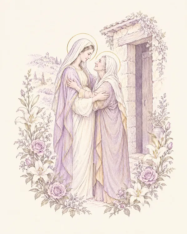 Desenho em traço lilás: Maria abraça sua prima Isabel