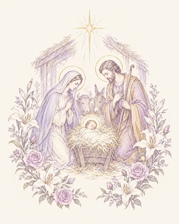 Desenho em traço lilás: Maria e José junto ao Menino Jesus na manjedoura