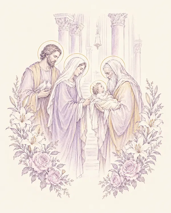 Desenho em traço lilás: Simeão segura o Menino Jesus no Templo