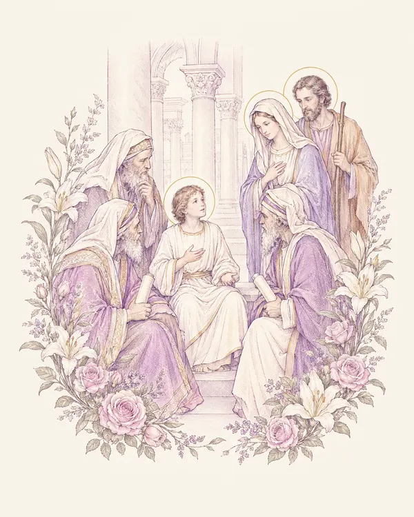 Desenho em traço lilás: o menino Jesus entre os doutores no Templo