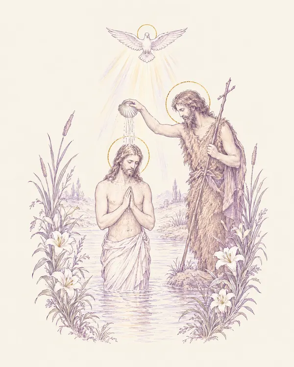Desenho em traço lilás: João Batista batiza Jesus no rio Jordão