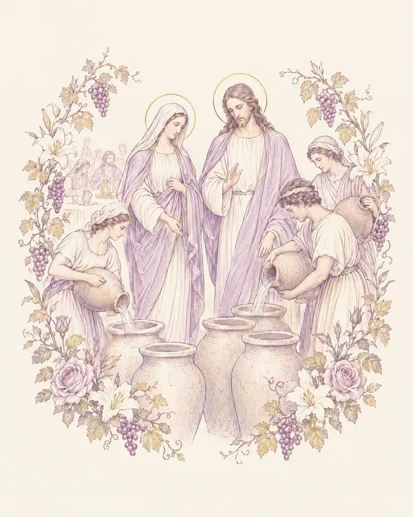 Desenho em traço lilás: Jesus e Maria nas Bodas de Caná