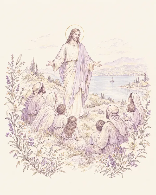 Desenho em traço lilás: Jesus anuncia o Reino de Deus ao povo