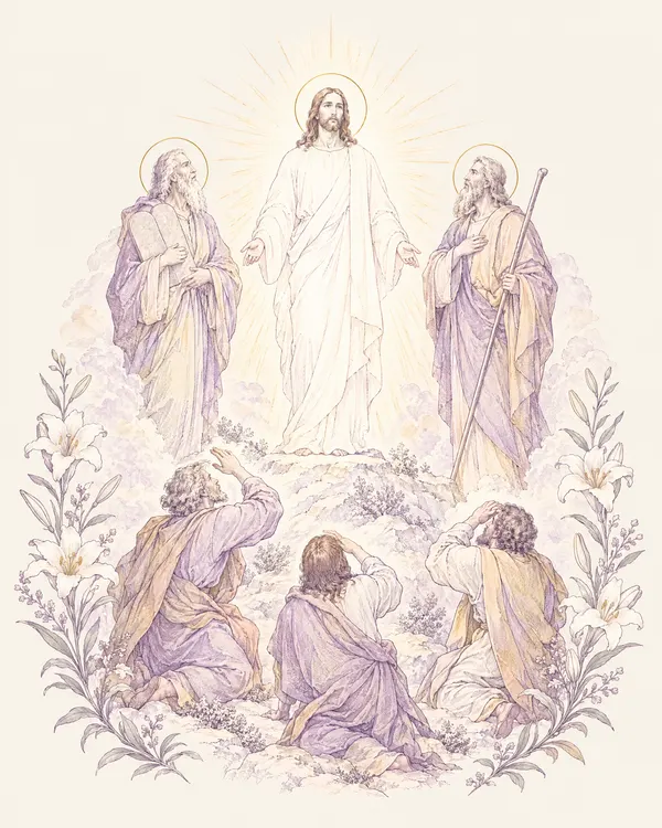 Desenho em traço lilás: a Transfiguração de Jesus no monte