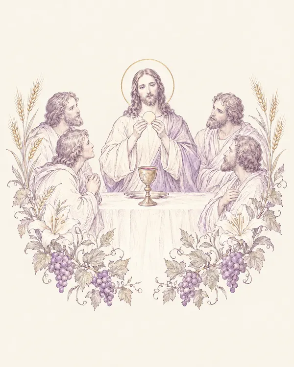 Desenho em traço lilás: Jesus abençoa o pão na Última Ceia