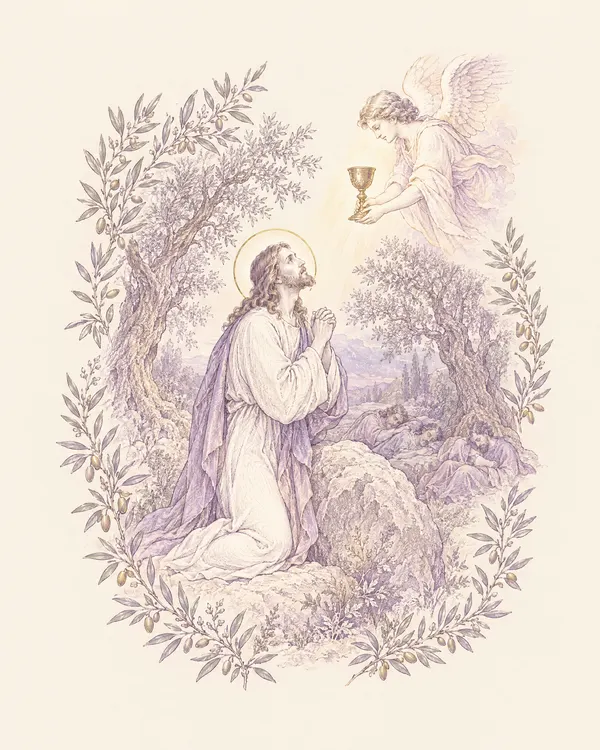 Desenho em traço lilás: Jesus reza no Horto das Oliveiras