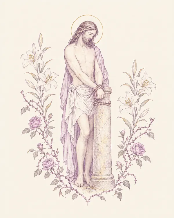Desenho em traço lilás: Jesus atado à coluna