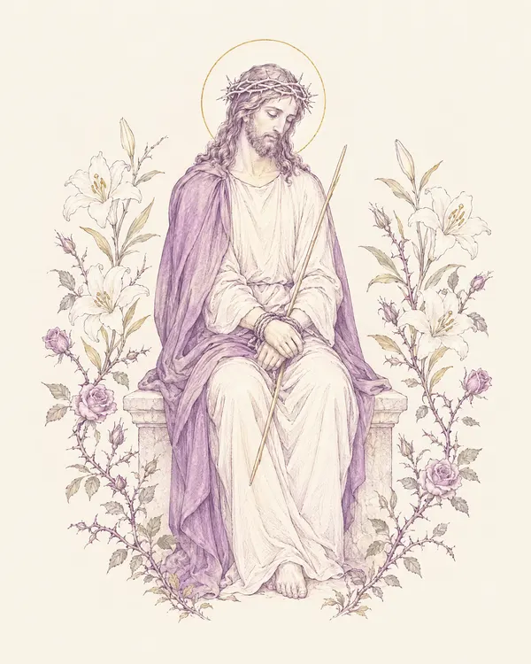 Desenho em traço lilás: Jesus coroado de espinhos