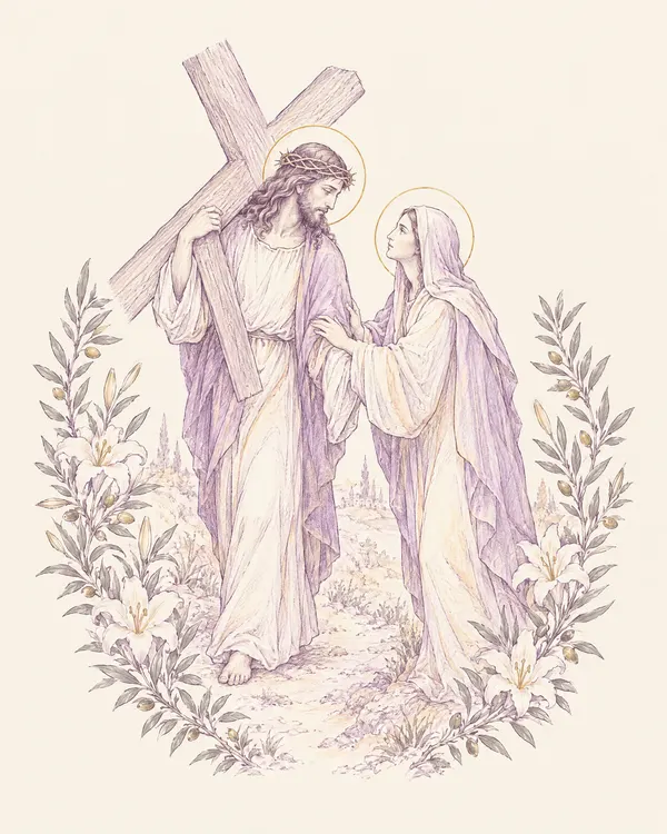Desenho em traço lilás: Jesus carrega a cruz e encontra Maria