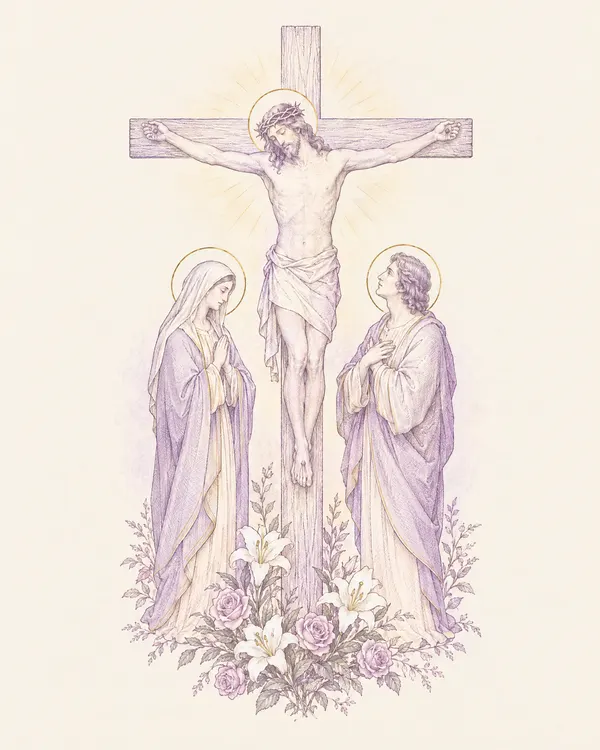Desenho em traço lilás: Jesus na cruz, com Maria e João