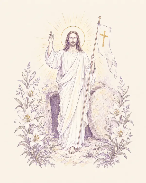Desenho em traço lilás: Jesus ressuscitado diante do túmulo vazio