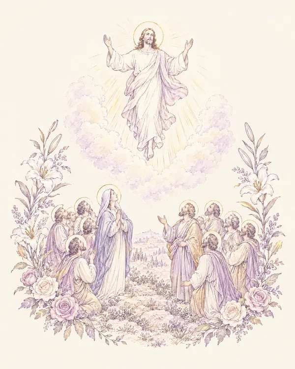 Desenho em traço lilás: Jesus sobe ao Céu diante de Maria e dos apóstolos