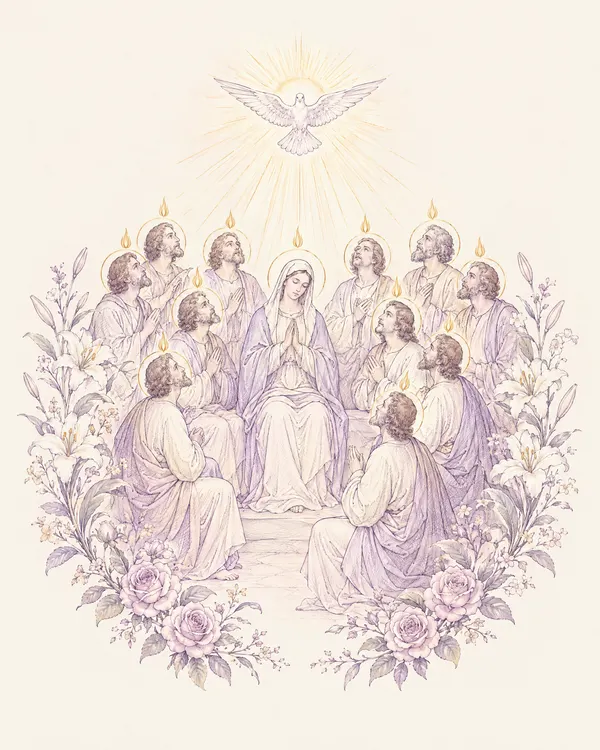 Desenho em traço lilás: o Espírito Santo desce sobre Maria e os apóstolos