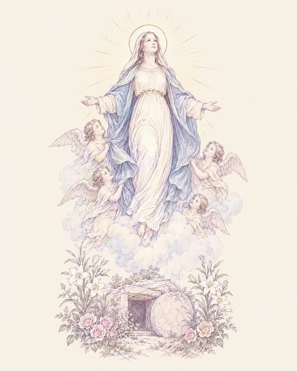 Desenho em traço lilás: Maria é elevada ao Céu entre anjos