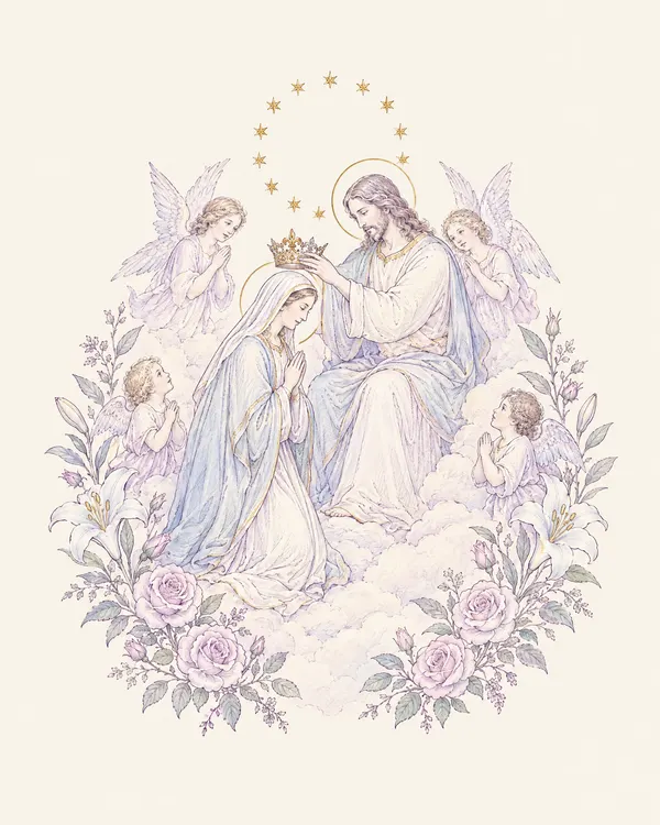 Desenho em traço lilás: Maria é coroada Rainha do Céu e da Terra
