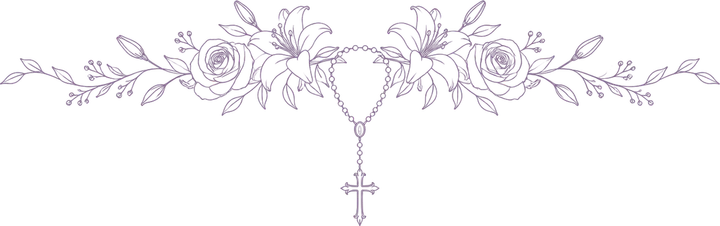 Desenho em traço lilás: lírios, rosas e um terço com crucifixo