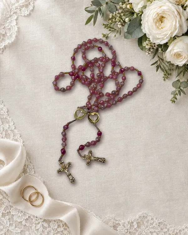 Terço Rosa mesclado, com duas medalhas de coração, ao lado de alianças, renda e rosas brancas
